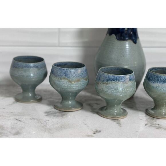 Jenny Harper Signed Blacktoft Studio Pottery Blue Drip Glaze Goblets Pitcher Set - Picture 5 of 16
